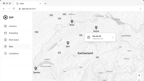 Fire-compliance ERP with a site menu and a map of Switzerland