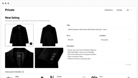 Private new listing screen with photos and marketplace cross-posting