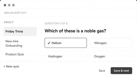 QZ Vault quiz builder with a multiple-choice question in the vault